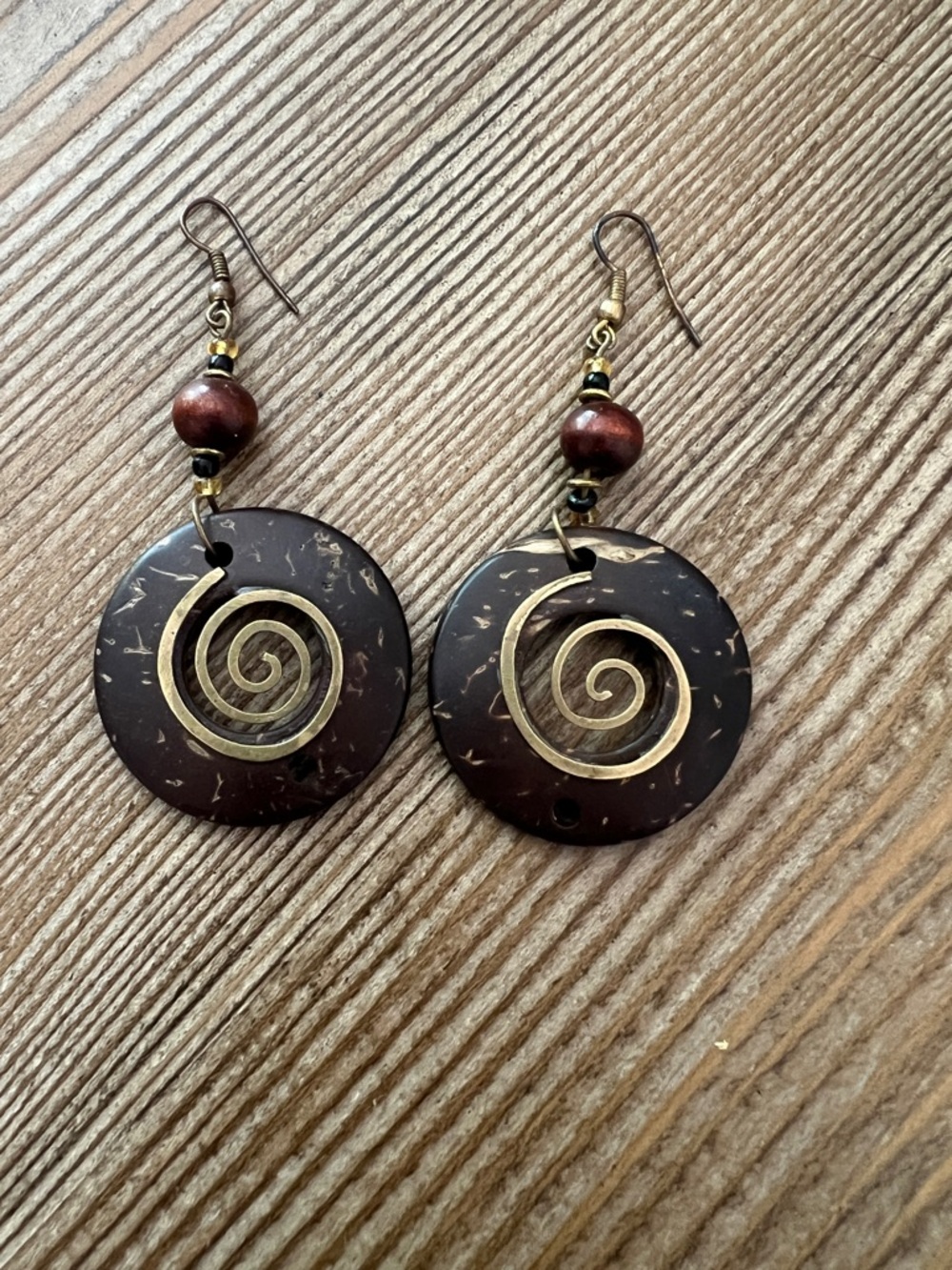 Authentic Hand-Carved African Wood & Brass Spiral Earrings - Boho Tribal